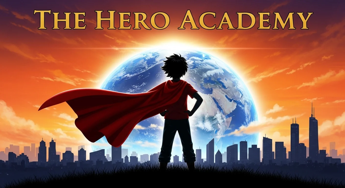 A young hero in a red cape looking toward Earth above a city