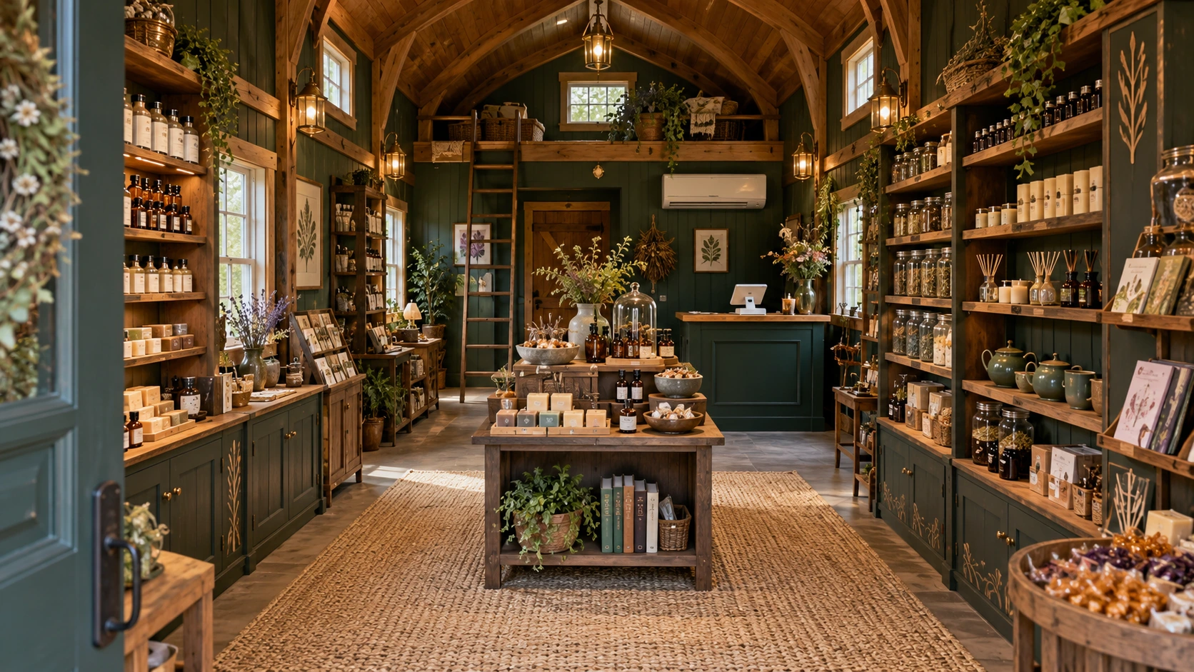 Future small shop concept with timber shelving, shelving and wall-mounted mini-split