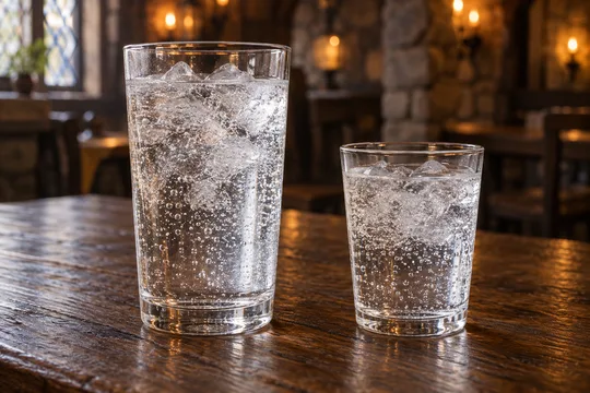 Plain Sparkling Water: regular-size serving on the left and child-size serving on the right
