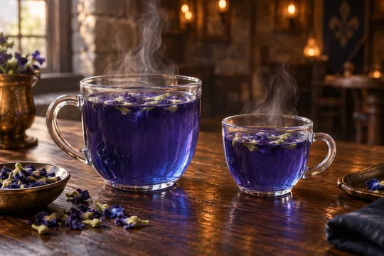 Butterfly Pea Herbal Tea: regular-size serving on the left and child-size serving on the right