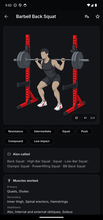 The Arnold Press page showing an illustrated figure pressing two dumbbells overhead, with playback controls stepping through the frames of the movement.