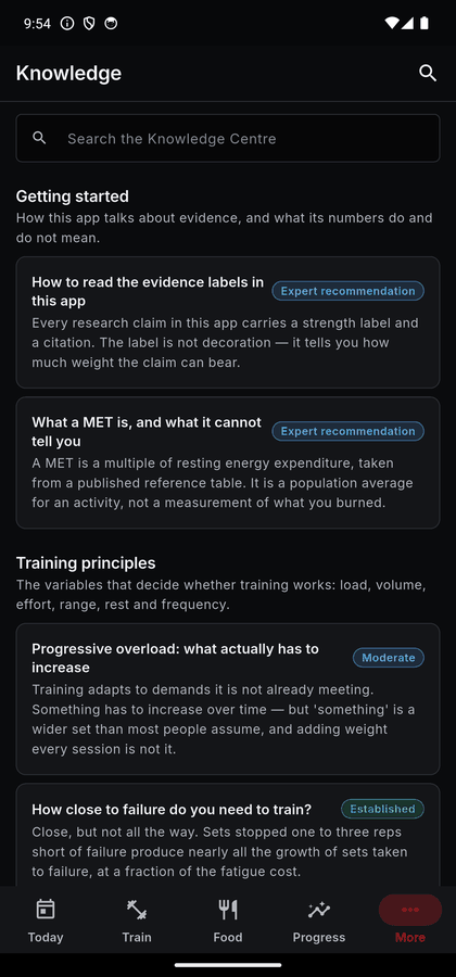 The Knowledge screen: searchable articles grouped under Getting started and Training principles, each carrying an evidence label such as Established or Moderate beside its title.