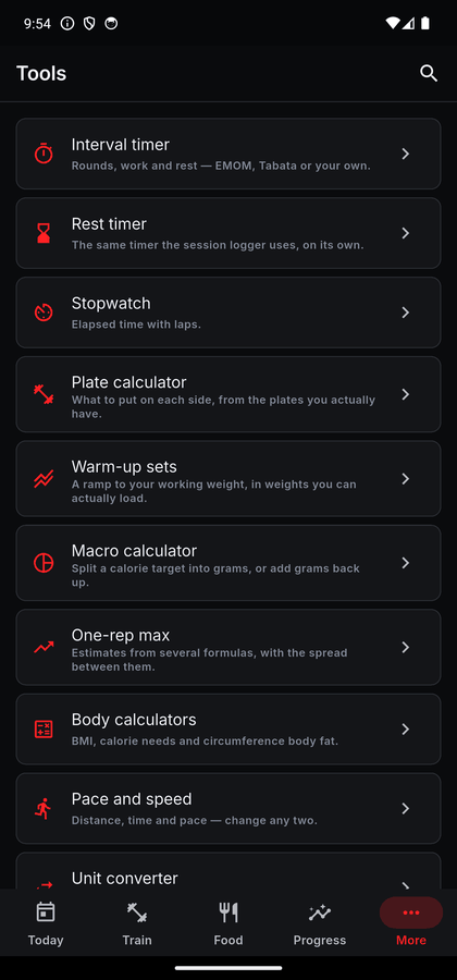 The Tools screen listing an interval timer, stopwatch, plate calculator, one-rep max estimates, body calculators, pace and speed, and a unit converter, each with a one-line description.