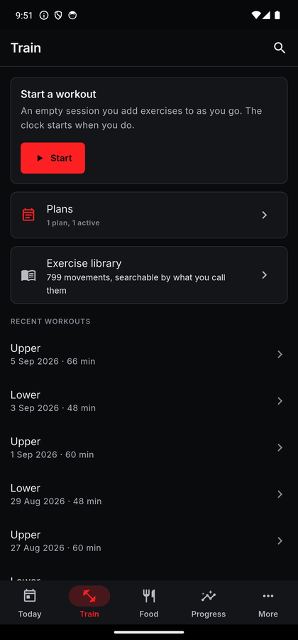 The Train screen: a card to start an empty workout, links to Plans and to the exercise library of 799 movements, and a list of recent workouts with their dates and durations.