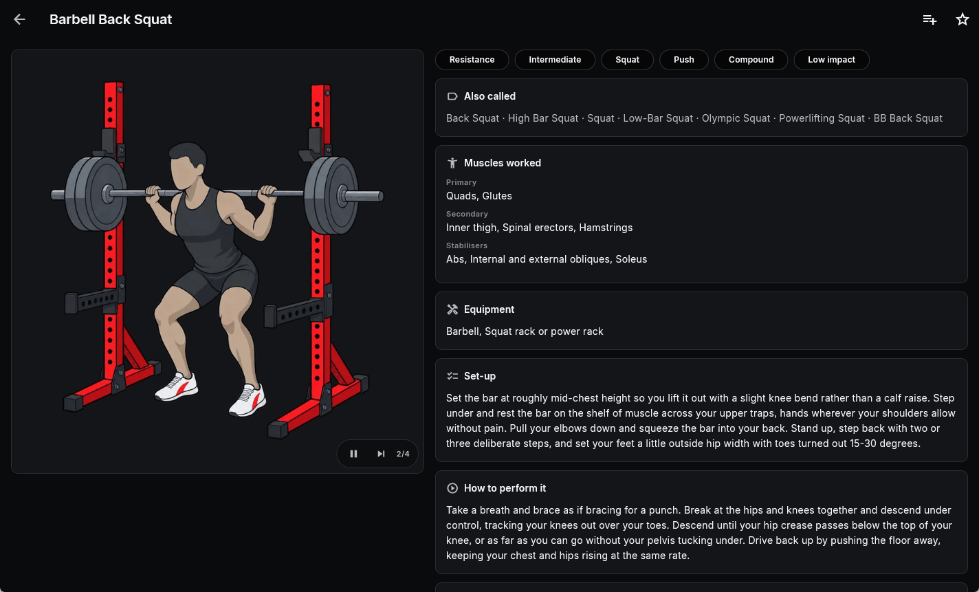 The Arnold Press page on Windows: the illustrated demonstration down the left at the height of the window, and the muscles worked, equipment, set-up and instructions in a column to the right.