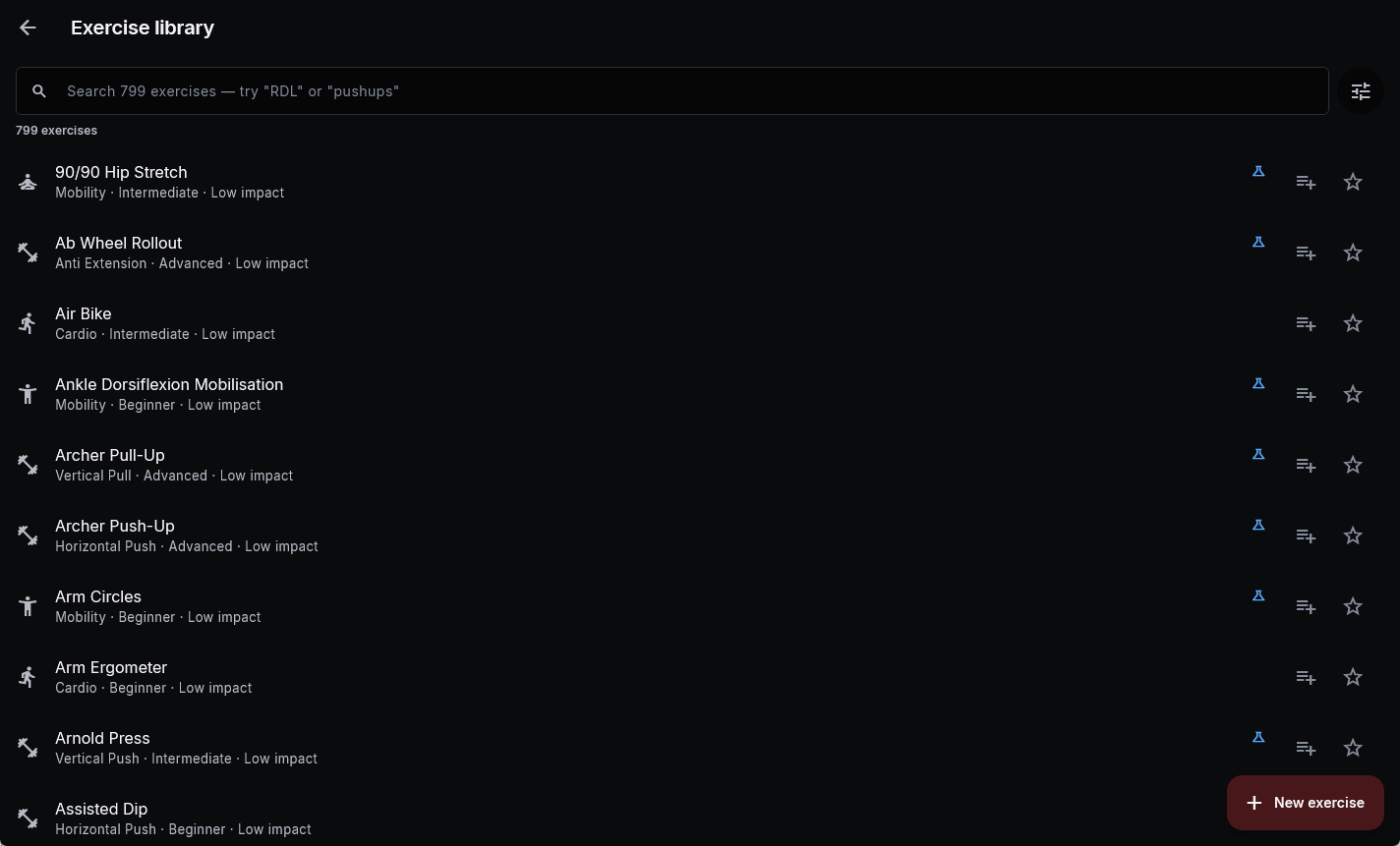 The exercise library on Windows, titled and with a back arrow: a search field over 799 movements and an alphabetical list showing pattern, level and impact.
