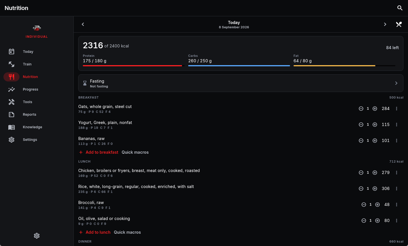 The Nutrition screen on Windows: the day’s calories and macro bars across the top, then breakfast, lunch and dinner with every food, its serving and its calories in one view.