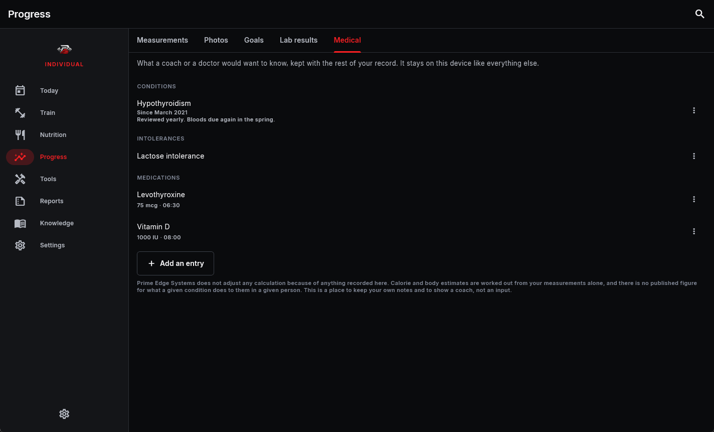 The Medical tab on Windows: conditions, intolerances and medications grouped under headings, each medication showing its dose and time, and the statement that nothing recorded here changes a calculation.
