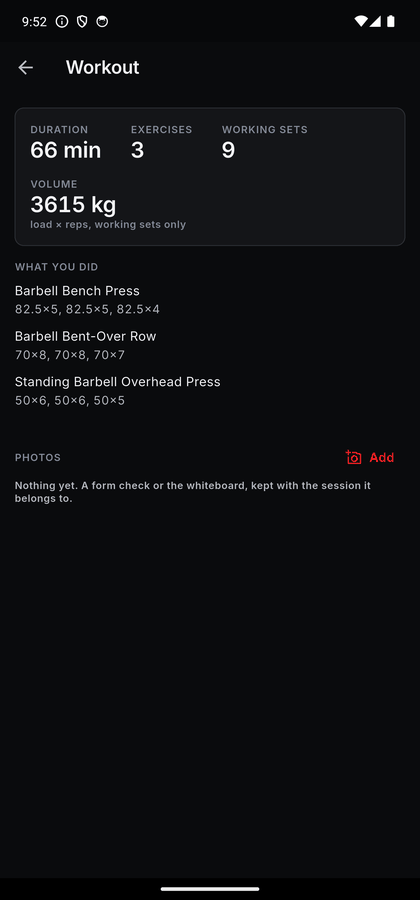 A finished workout: 66 minutes, 3 exercises, 9 working sets, 3615 kg of volume, then each exercise with the load and reps of every set written out.