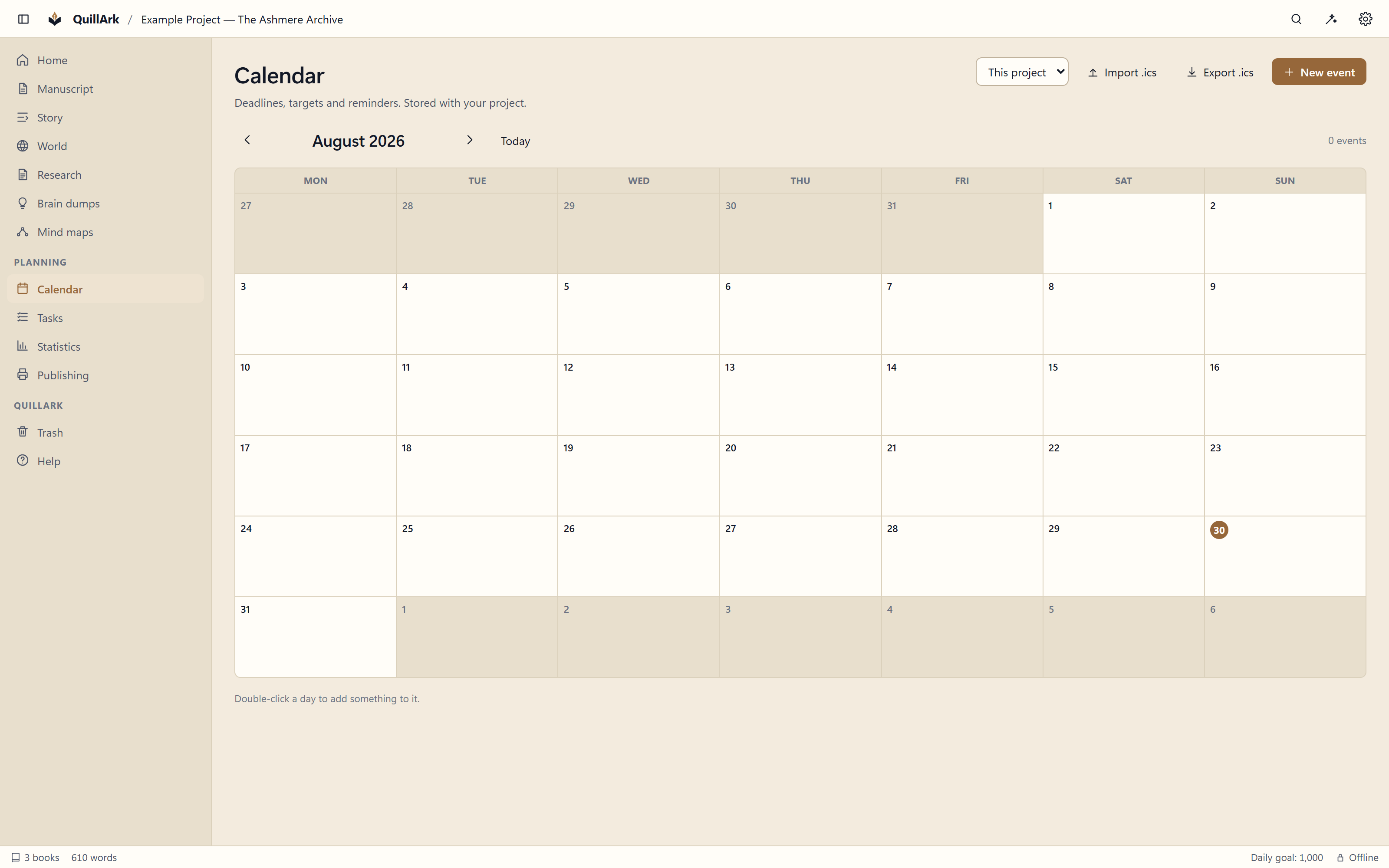 The QuillArk calendar showing writing events and deadlines for the month.
