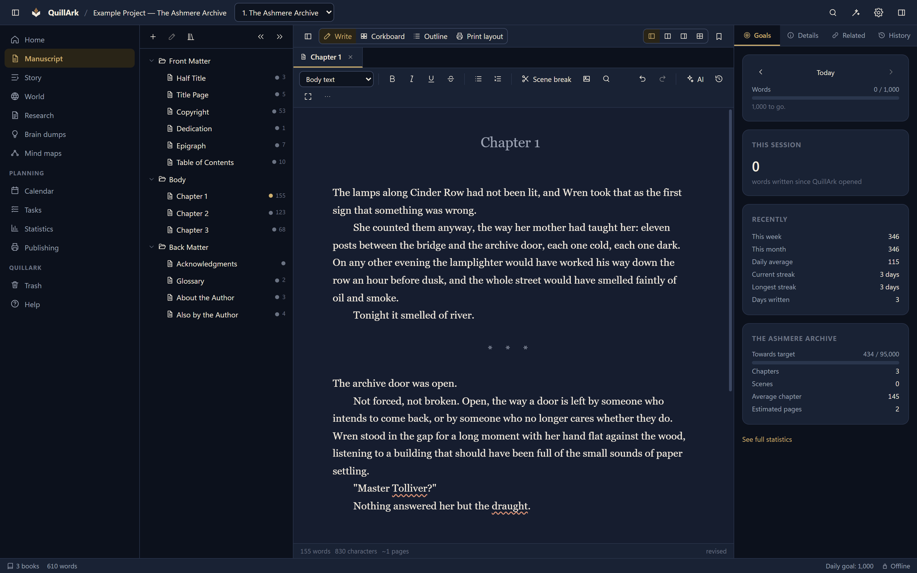 The QuillArk home screen listing writing projects with their genre, book count and word count, and the date each was last worked on.