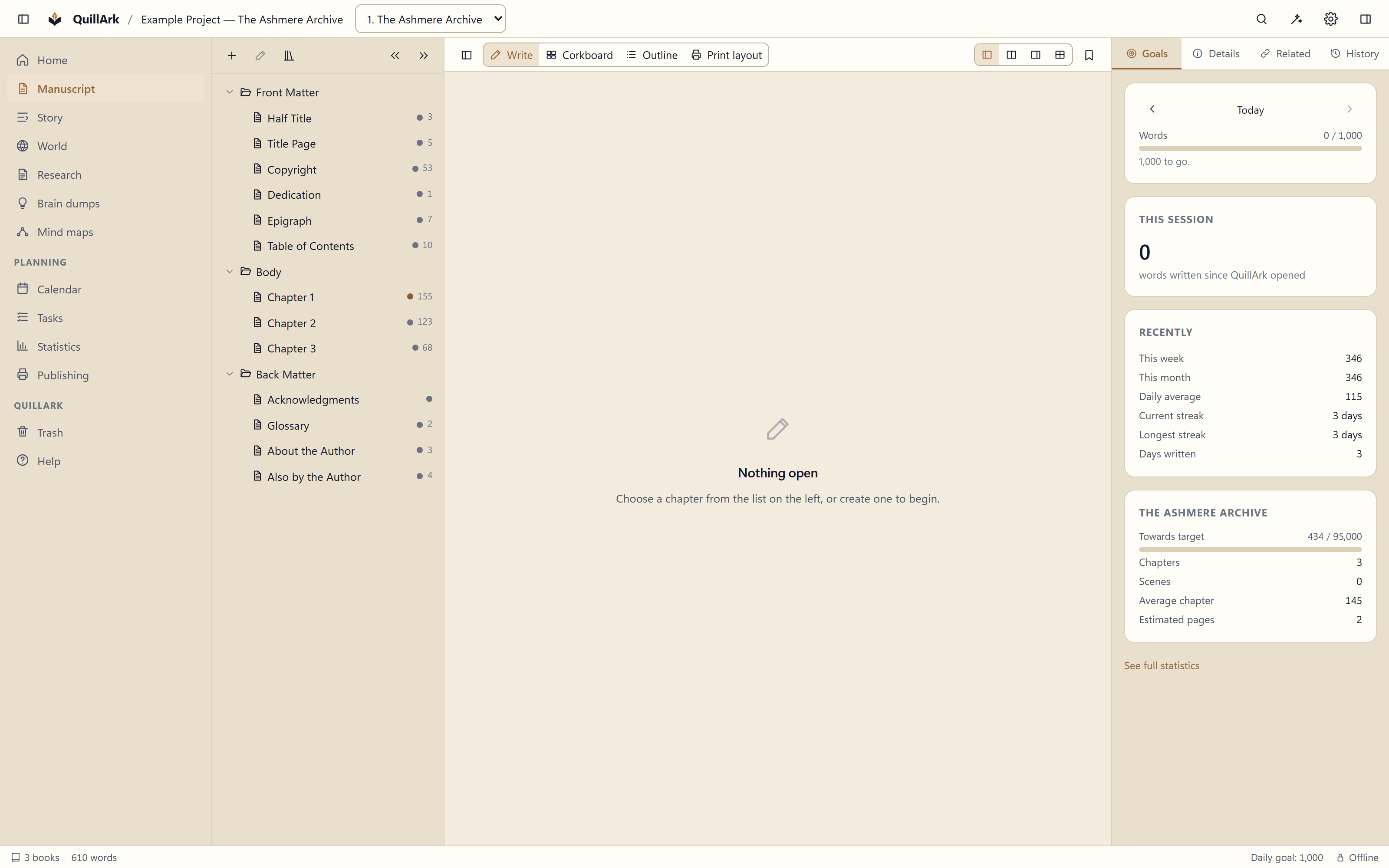 A QuillArk book open in the manuscript view, with front matter, chapters and back matter listed in a drag-and-drop tree beside the editor.