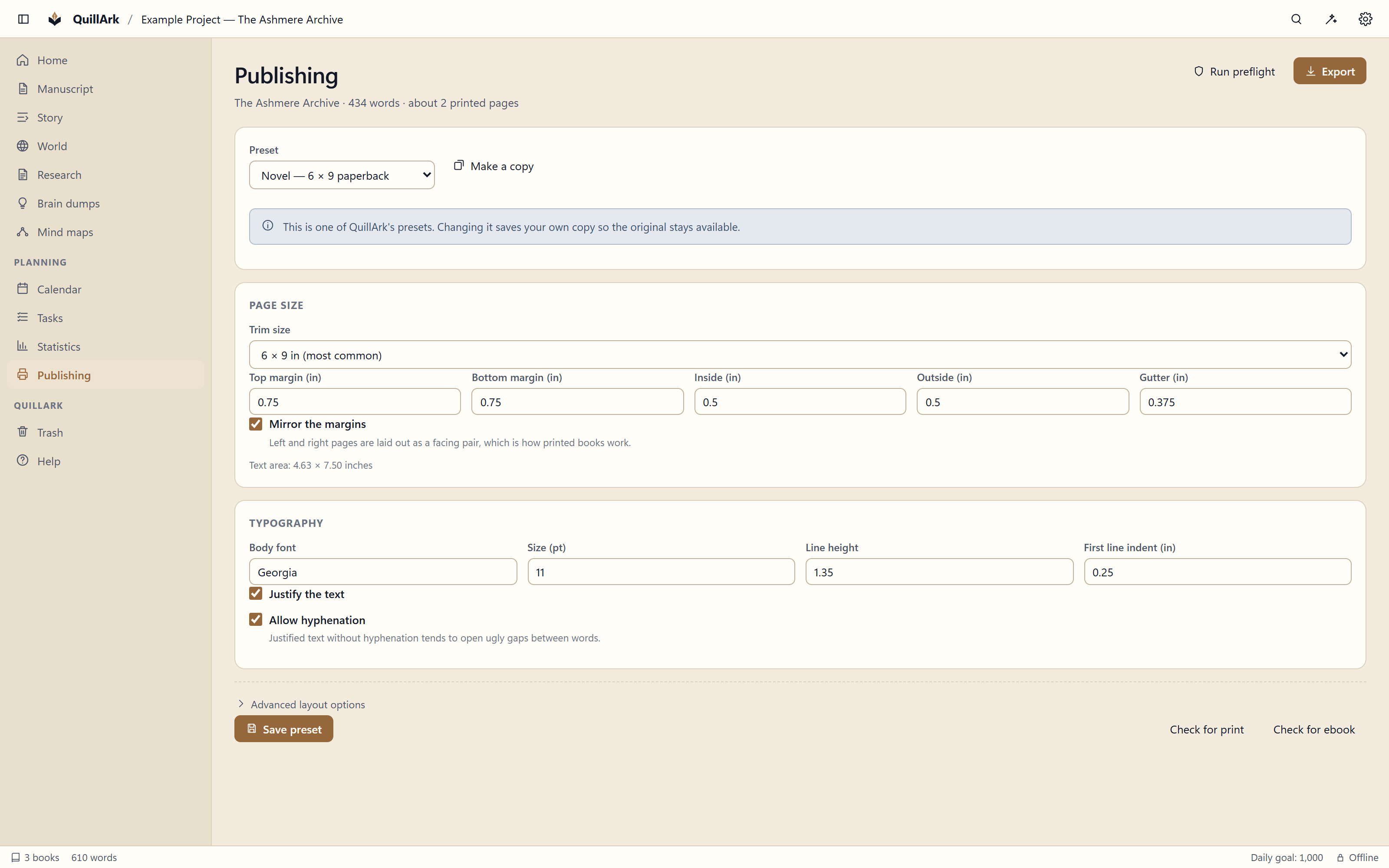 The QuillArk publishing view showing a print preset with trim size, margins and typography, beside a preflight report.