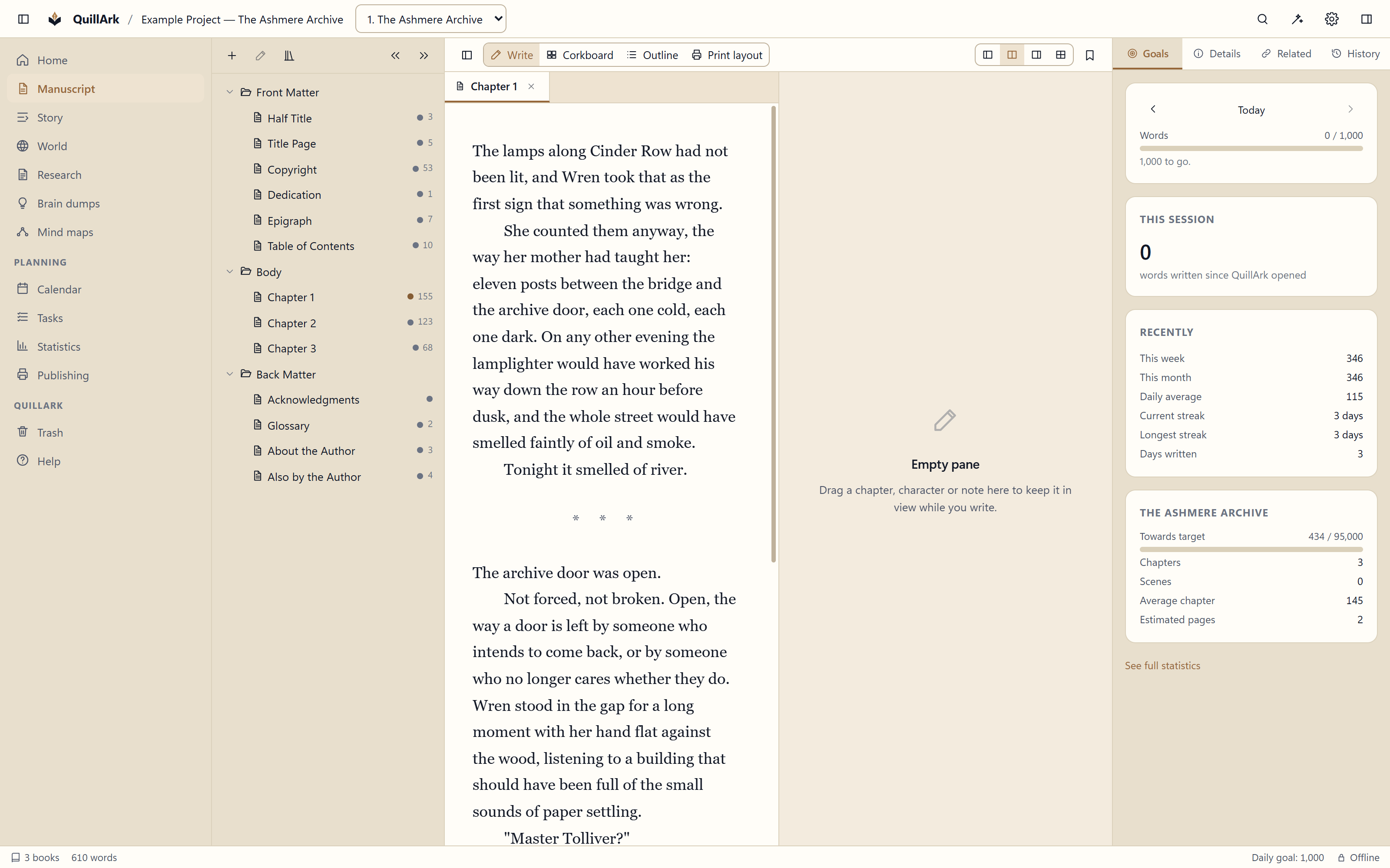 QuillArk in split view, with a manuscript chapter open in the left pane and a second document beside it in the right.