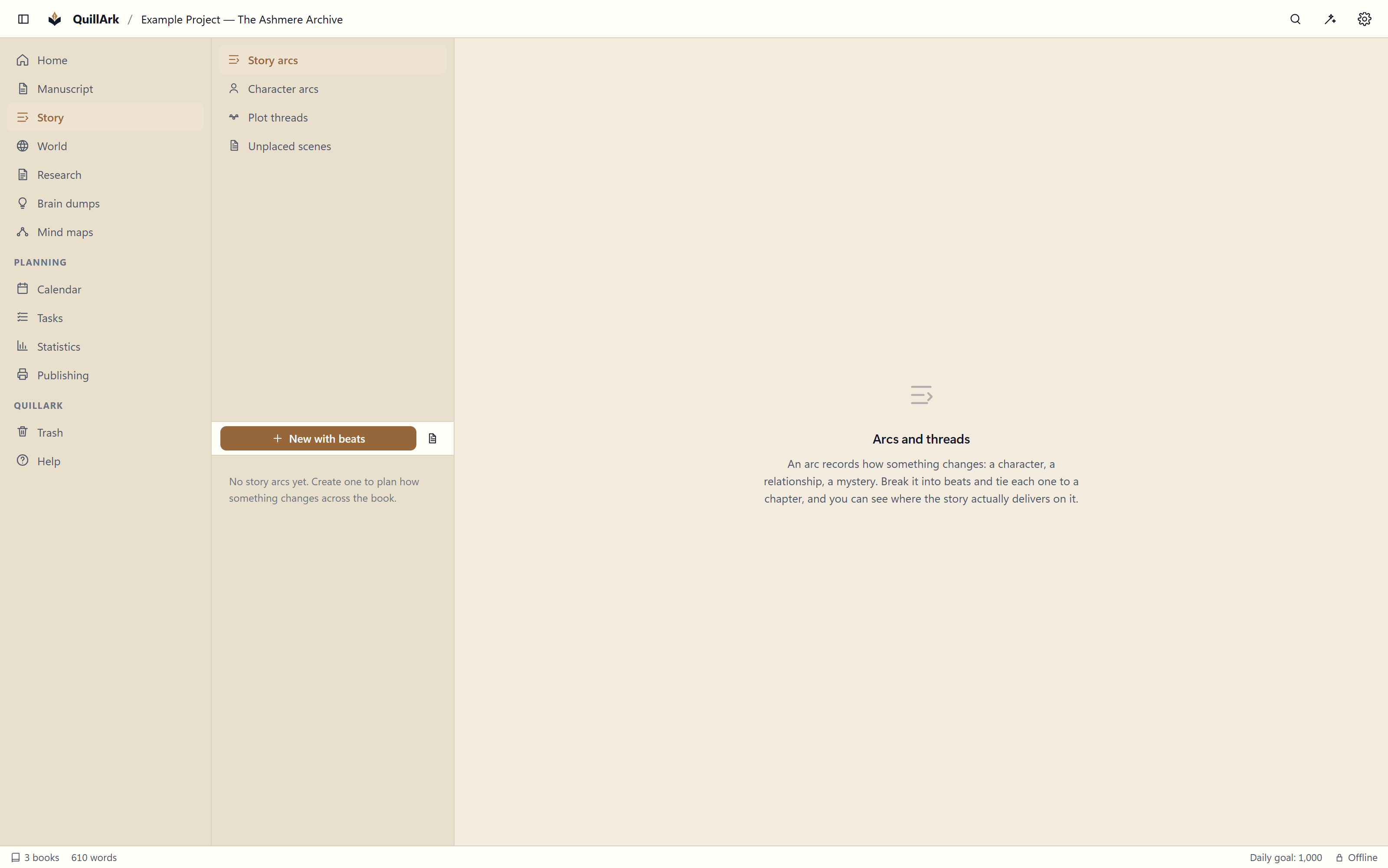 The QuillArk story view showing an arc broken into beats, each tied to the chapter where it lands.