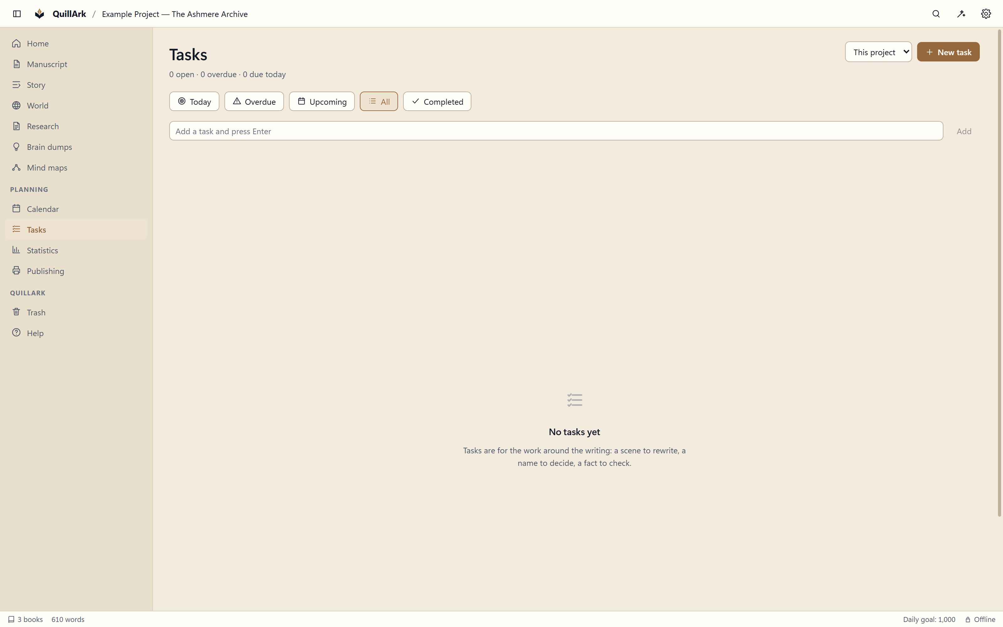 The QuillArk task list with due dates and priorities attached to a writing project.